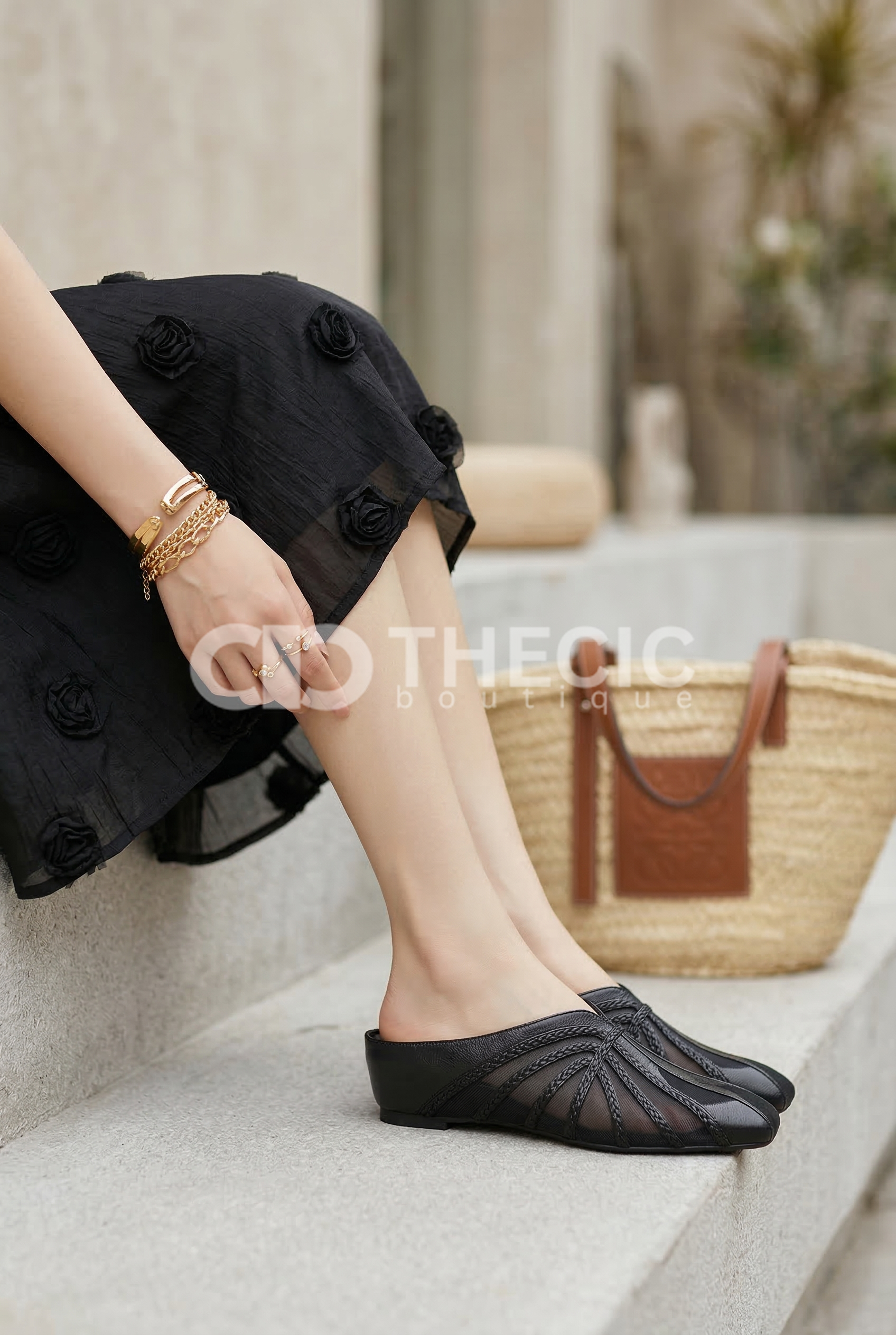 Braided Mesh Square-Toe Slip-On Mules