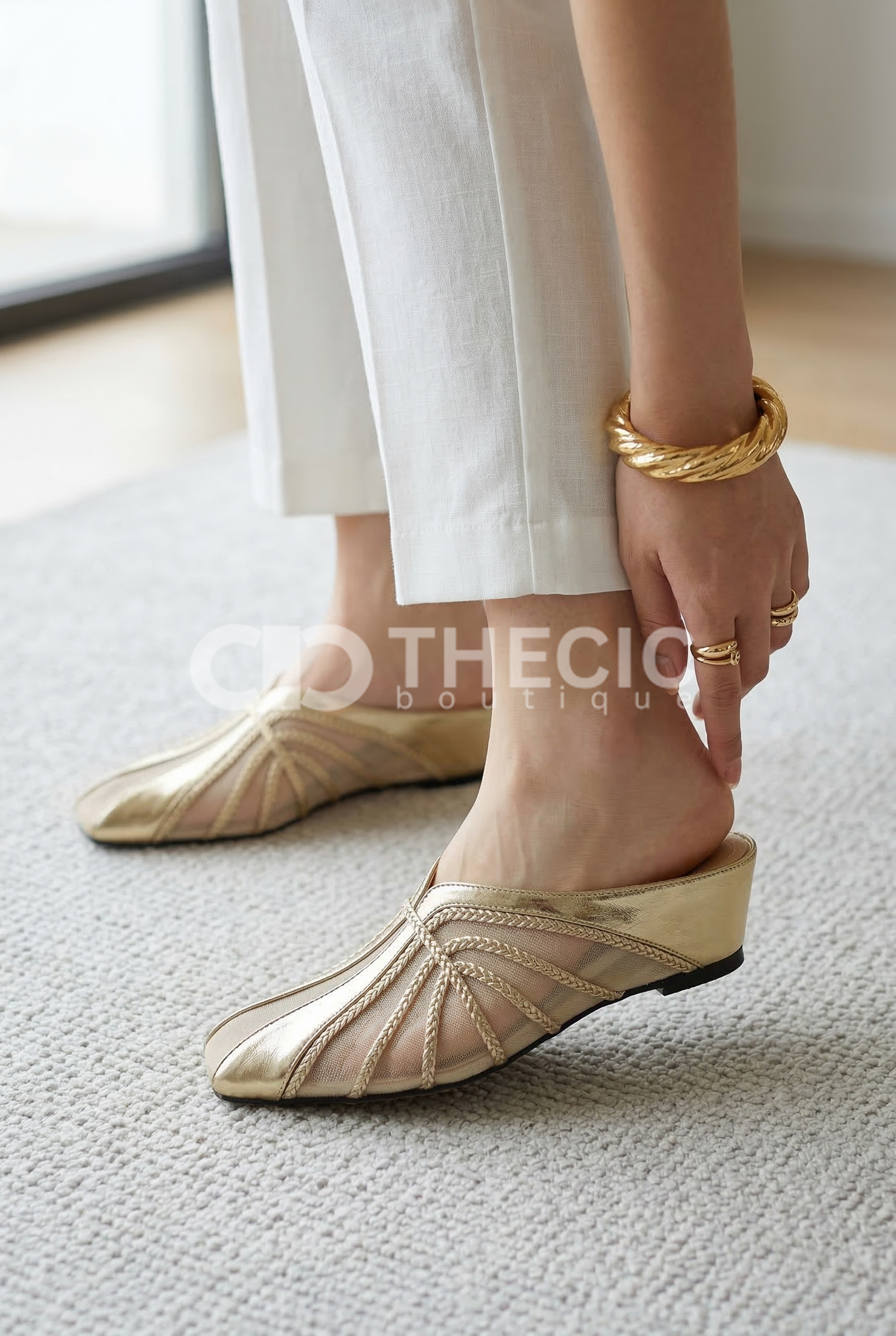 Braided Mesh Square-Toe Slip-On Mules