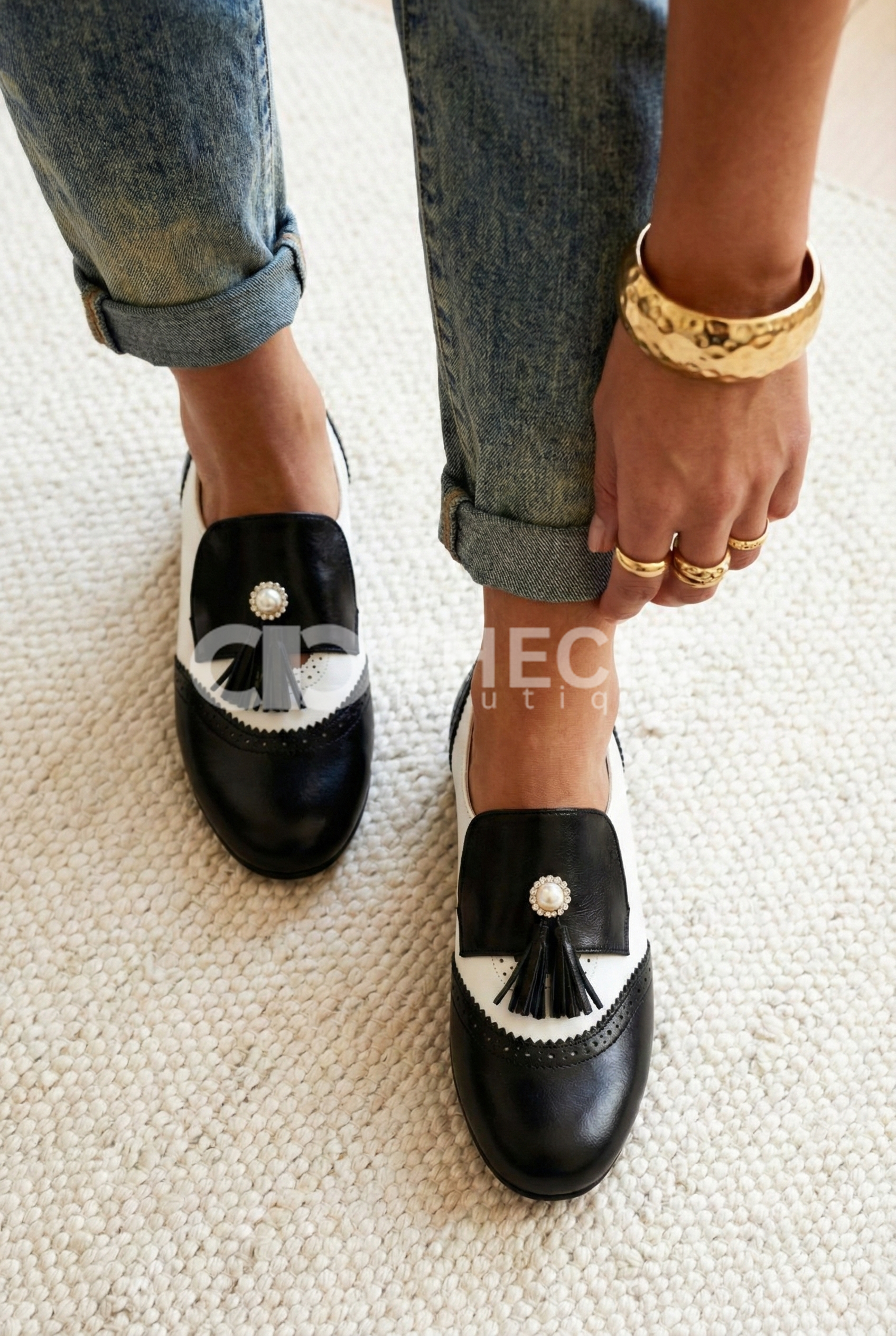 Brogue Tassel Pearl Accent Slip-On Loafers