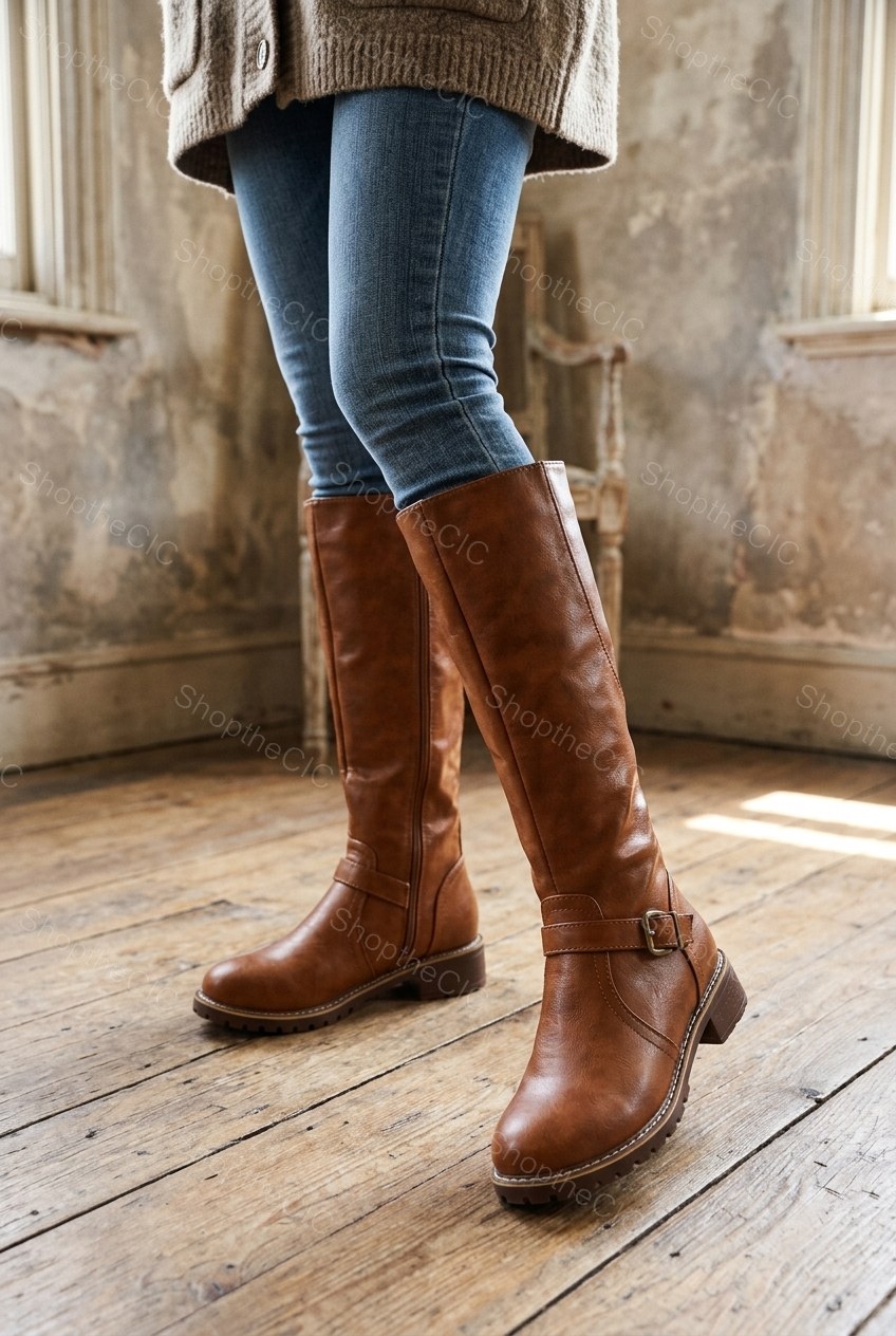 Buckle Strap Low Block Heel Knee-High Boots