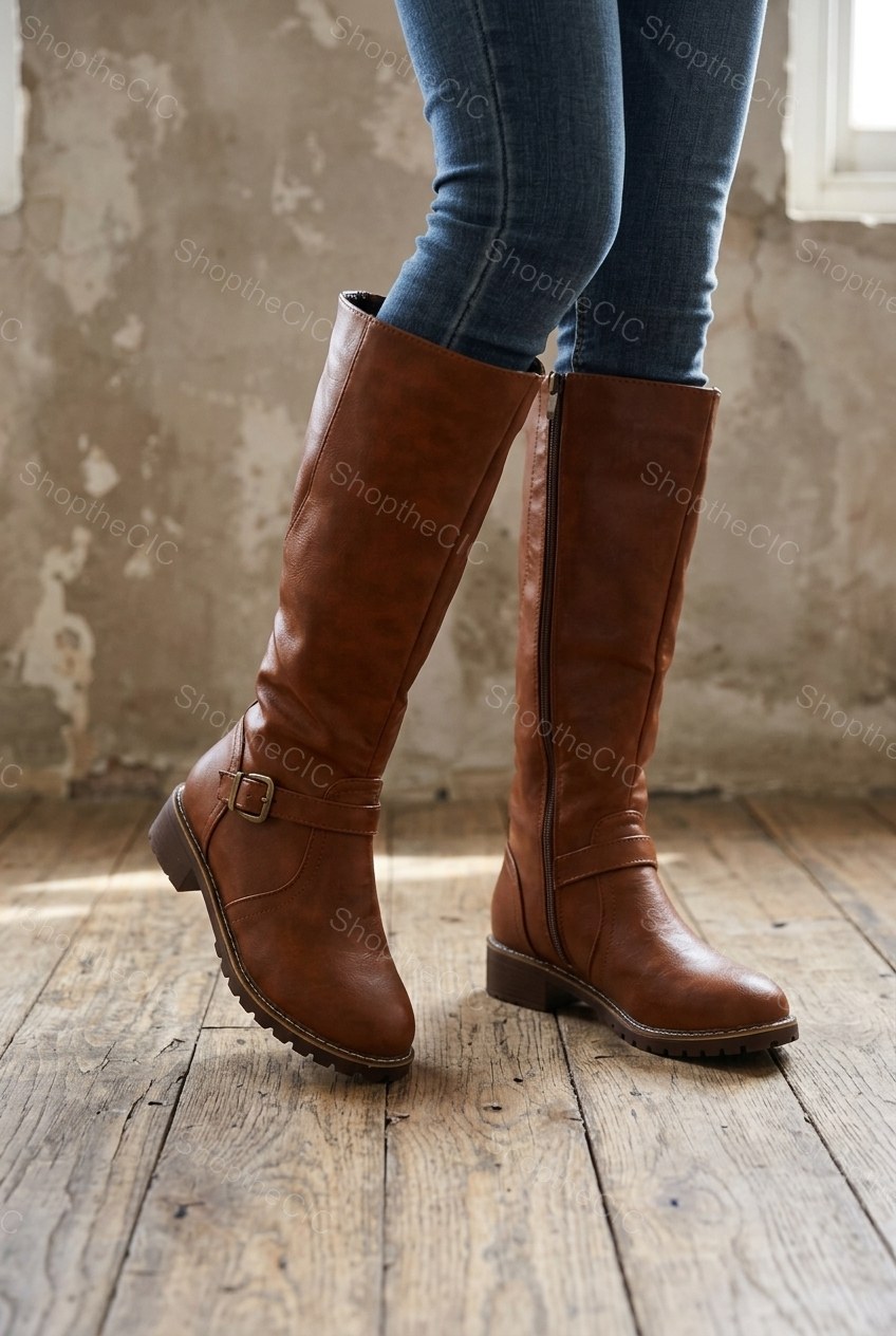 Buckle Strap Low Block Heel Knee-High Boots