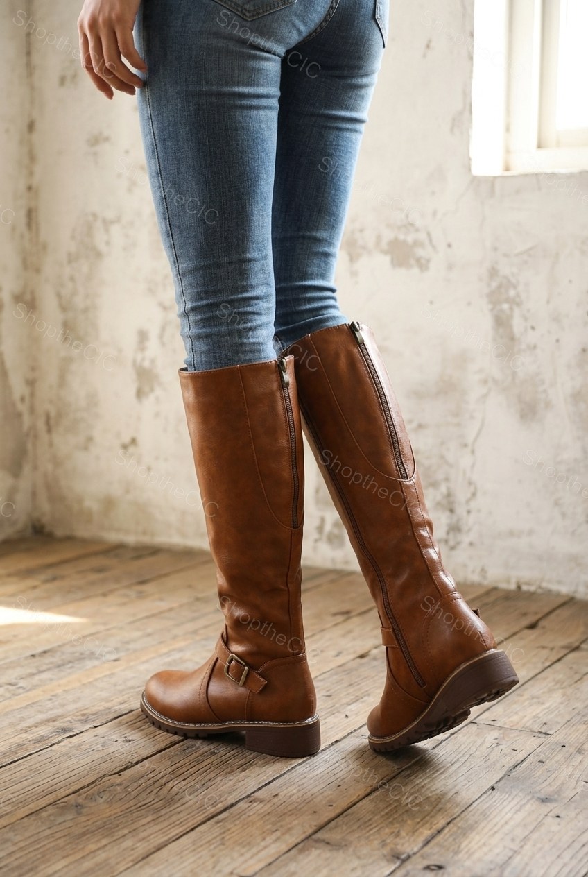 Buckle Strap Low Block Heel Knee-High Boots