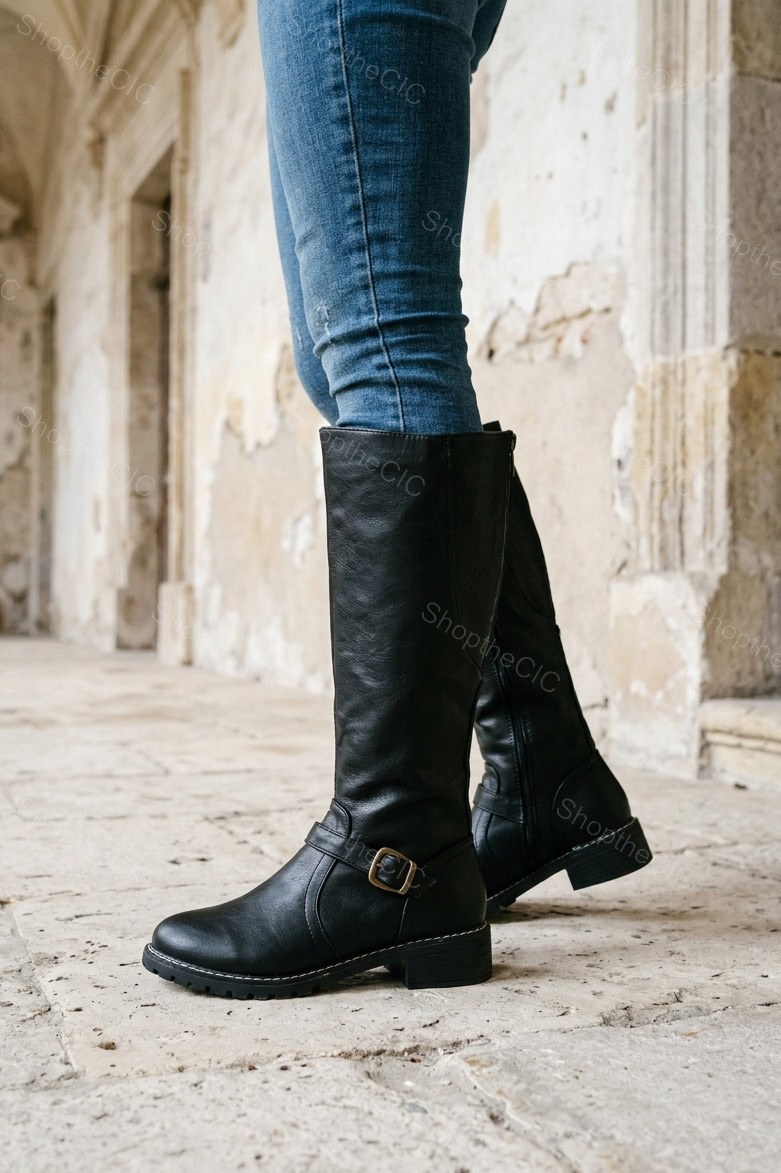Buckle Strap Low Block Heel Knee-High Boots