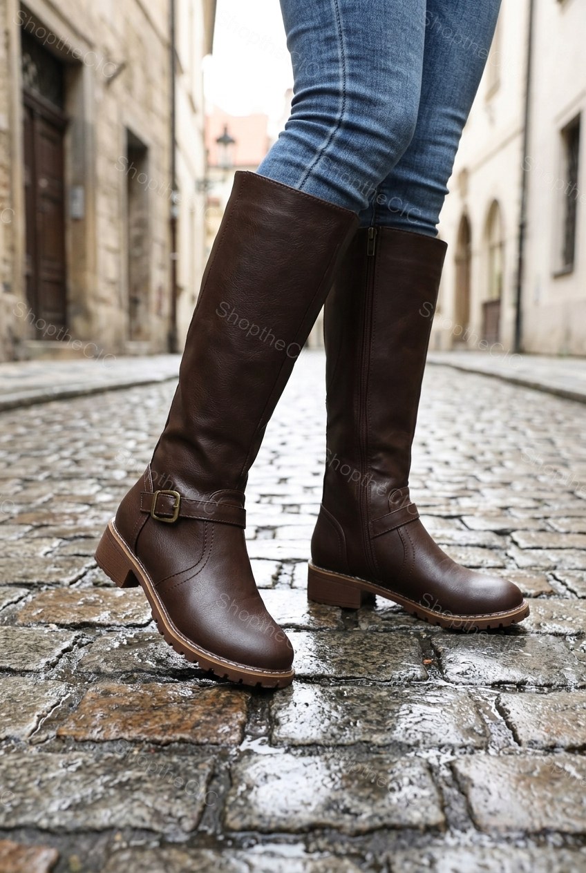 Buckle Strap Low Block Heel Knee-High Boots