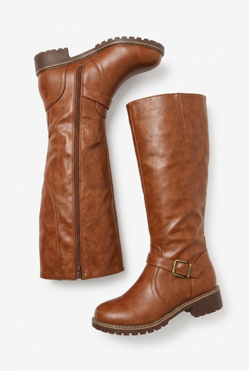 Buckle Strap Low Block Heel Knee-High Boots