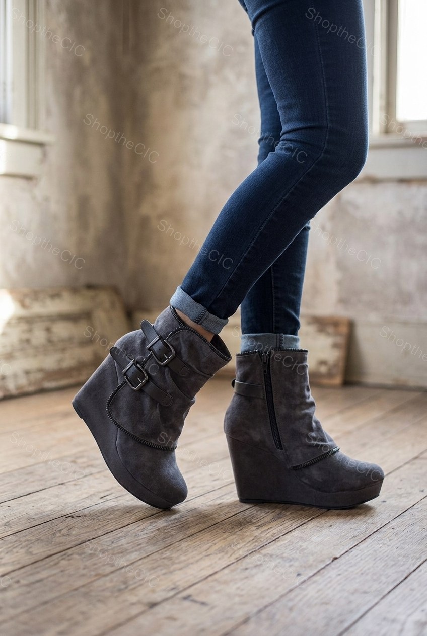 Buckle Strap Platform Wedge Ankle Boots