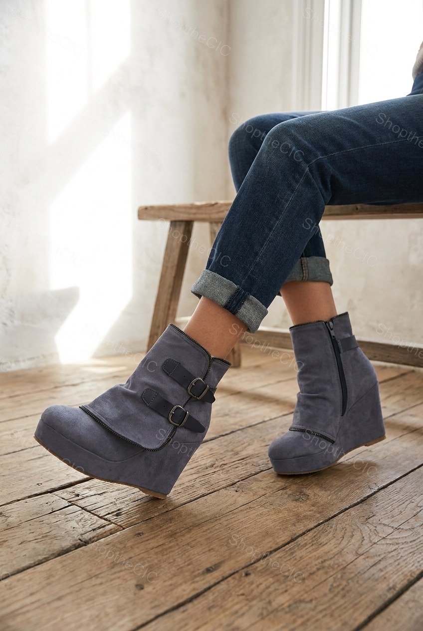 Buckle Strap Platform Wedge Ankle Boots