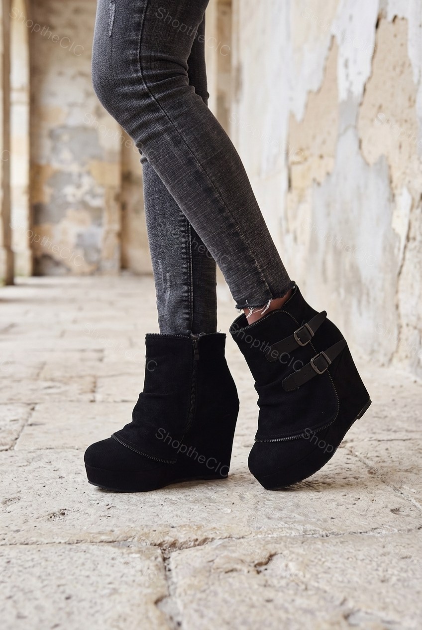 Buckle Strap Platform Wedge Ankle Boots