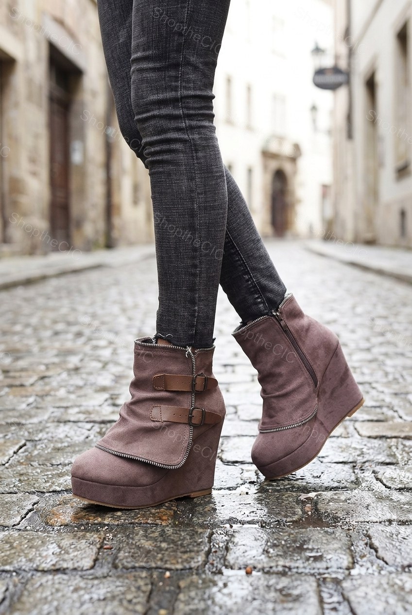 Buckle Strap Platform Wedge Ankle Boots