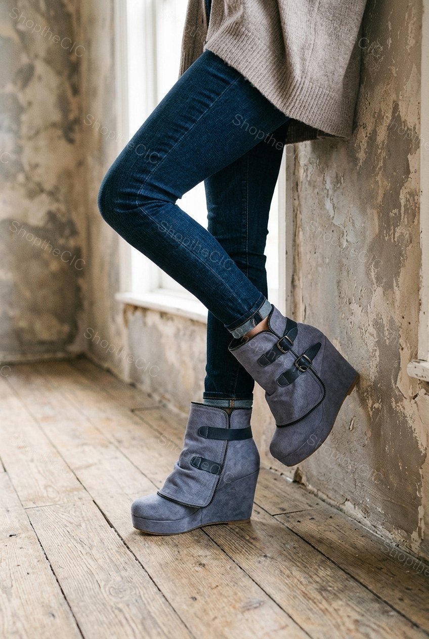 Buckle Strap Platform Wedge Ankle Boots