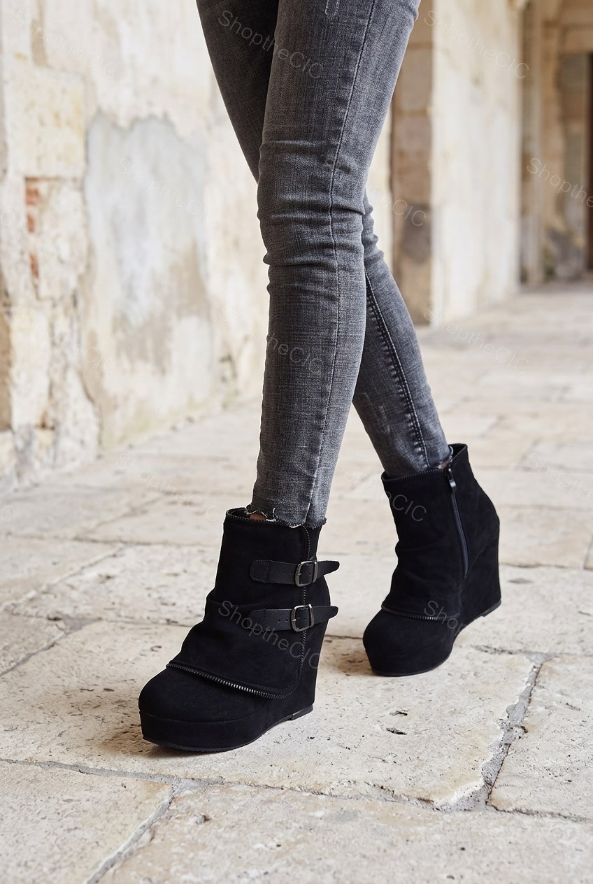 Buckle Strap Platform Wedge Ankle Boots