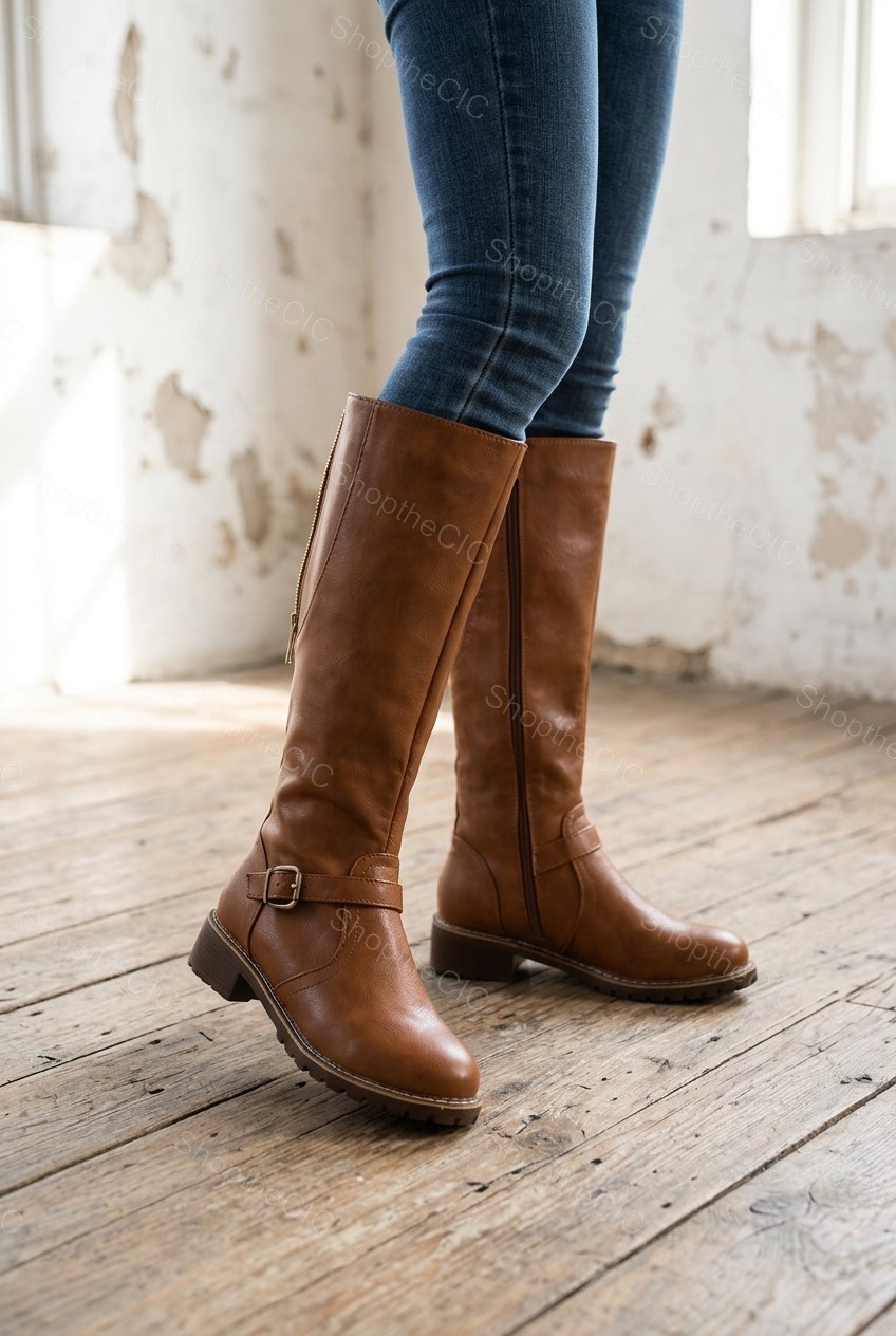 Buckle Strap Round Toe Low Heel Knee-High Riding Boots