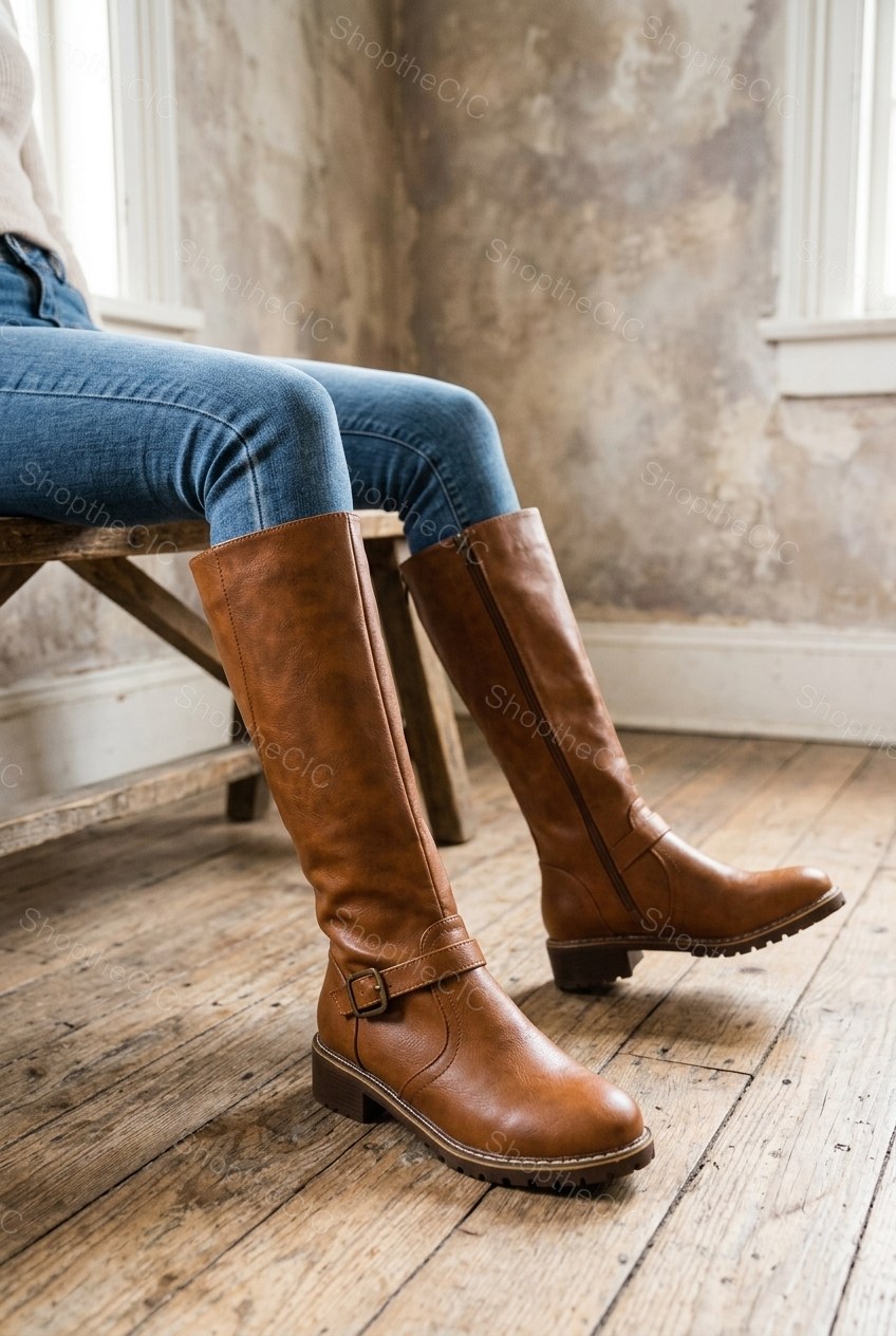 Buckle Strap Round Toe Low Heel Knee-High Riding Boots
