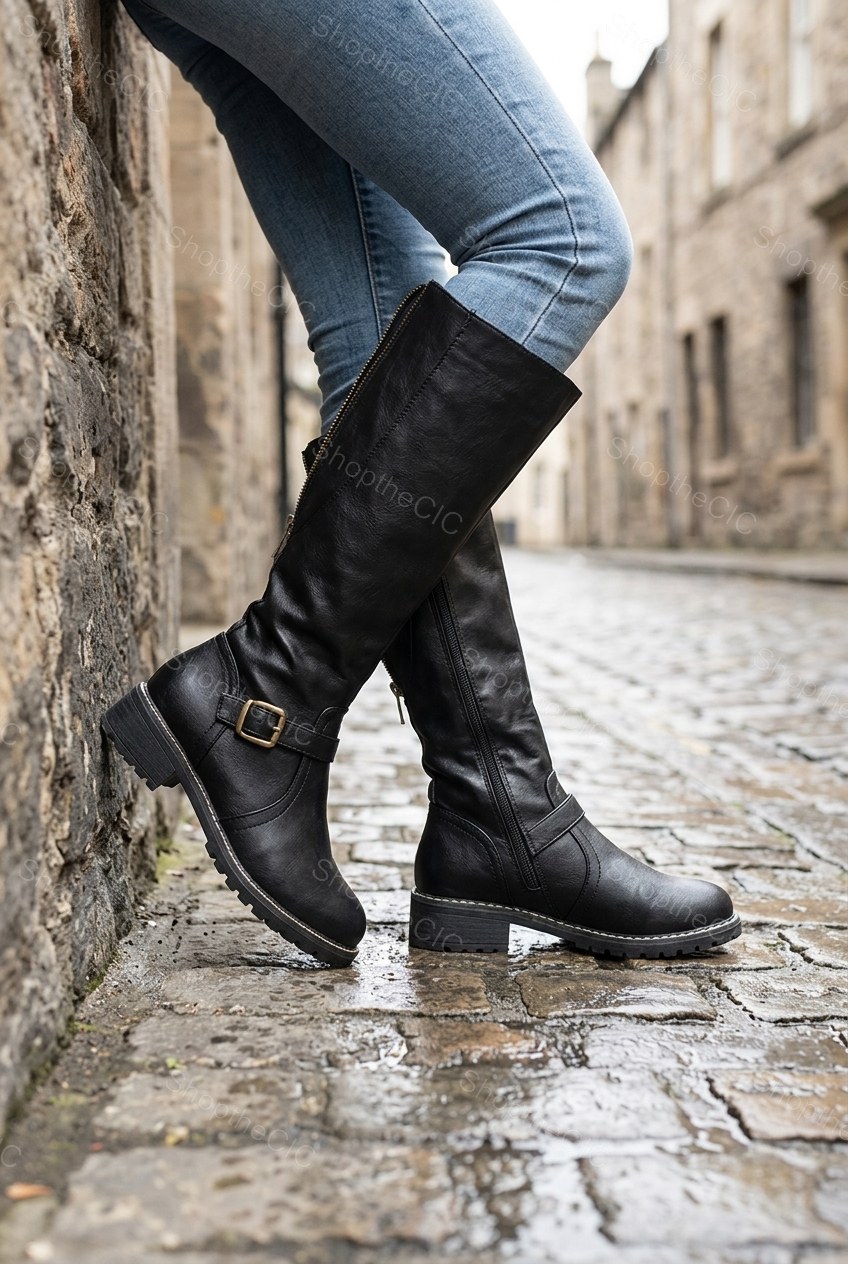 Buckle Strap Round Toe Low Heel Knee-High Riding Boots