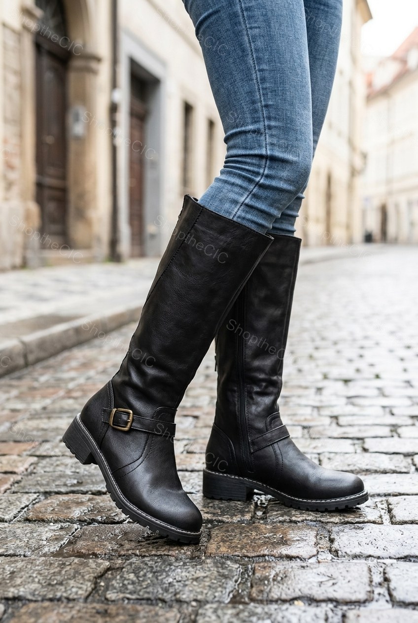 Buckle Strap Round Toe Low Heel Knee-High Riding Boots