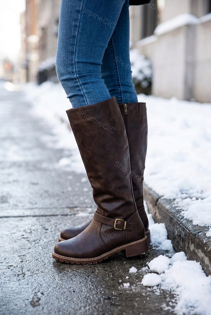Buckle Strap Round Toe Low Heel Knee-High Riding Boots