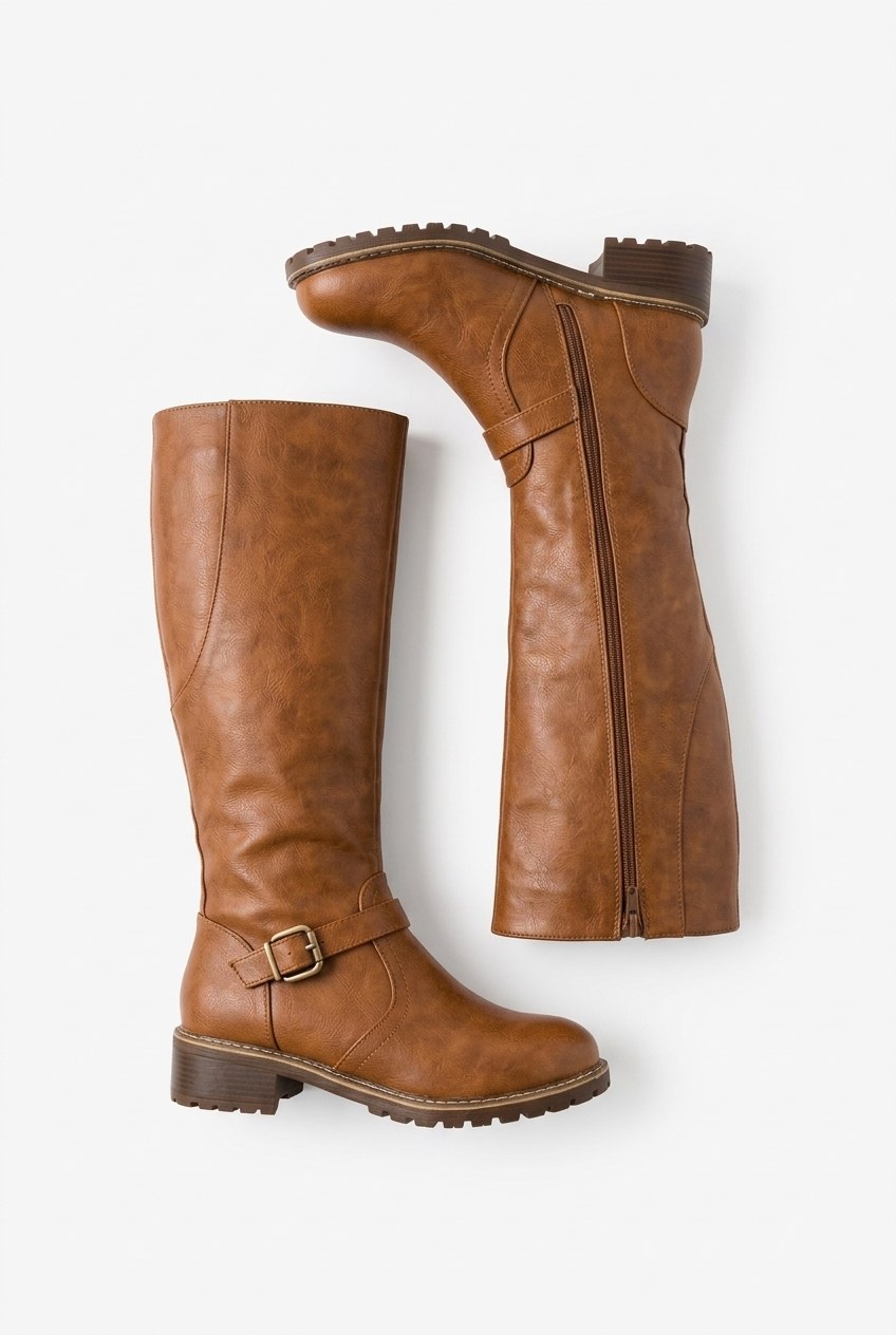 Buckle Strap Round Toe Low Heel Knee-High Riding Boots