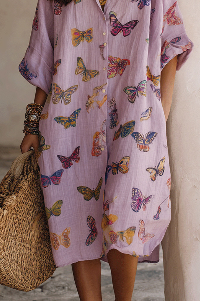 Butterfly Print Collared Button-Front Midi Dress