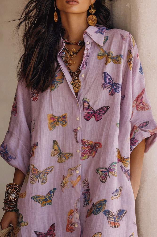Butterfly Print Collared Button-Front Midi Dress