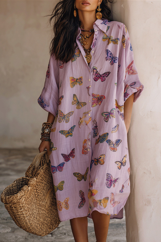 Butterfly Print Collared Button-Front Midi Dress