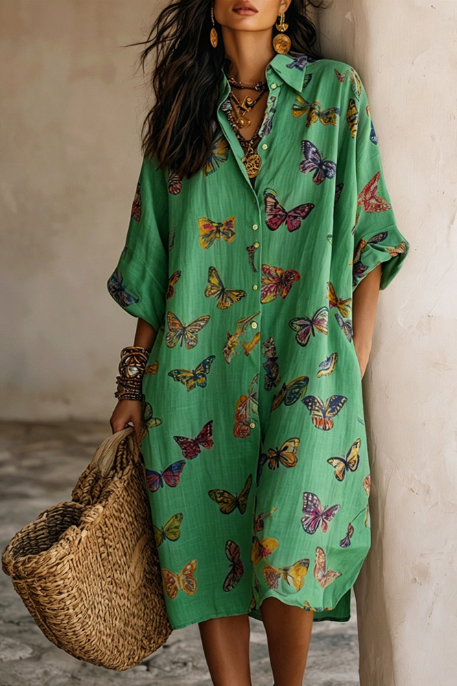 Butterfly Print Collared Button-Front Midi Dress