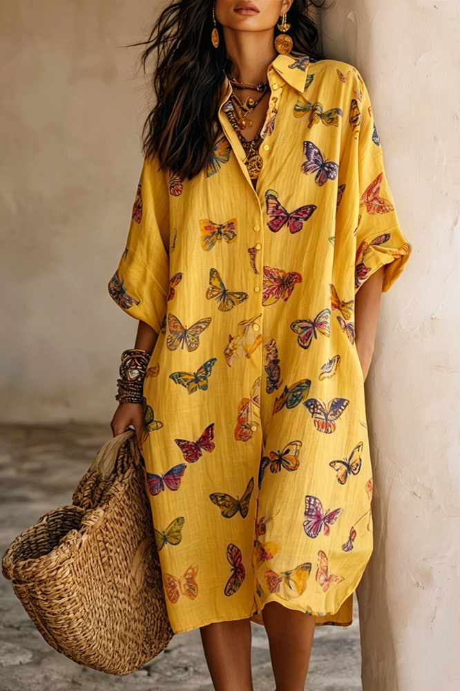 Butterfly Print Collared Button-Front Midi Dress