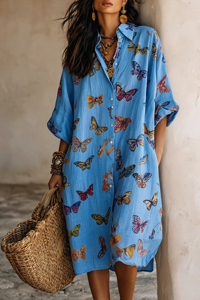Butterfly Print Collared Button-Front Midi Dress