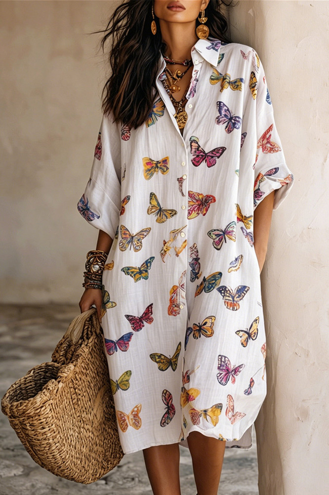 Butterfly Print Collared Button-Front Midi Dress