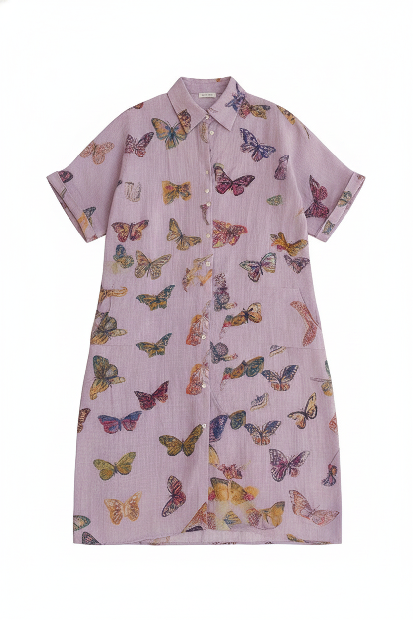 Butterfly Print Collared Button-Front Midi Dress
