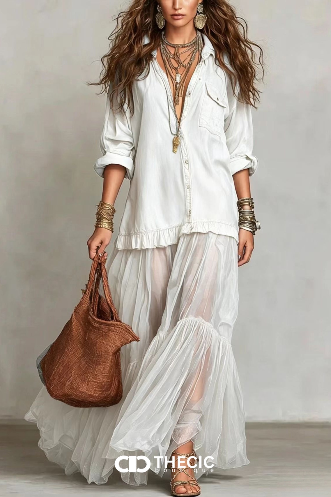 Button-Down Long Sleeve Sheer Ruffle Maxi Dress