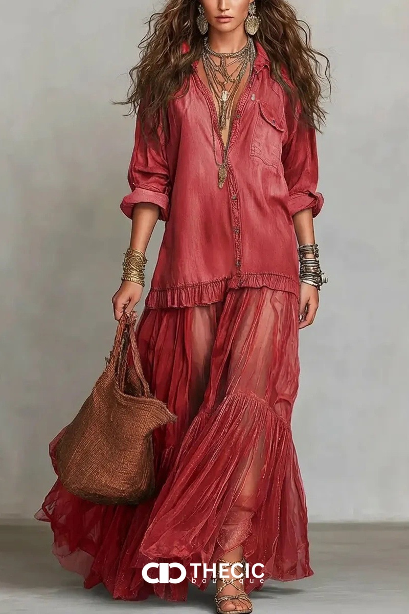 Button-Down Long Sleeve Sheer Ruffle Maxi Dress