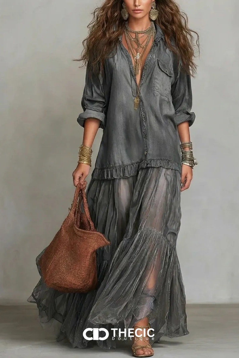 Button-Down Long Sleeve Sheer Ruffle Maxi Dress
