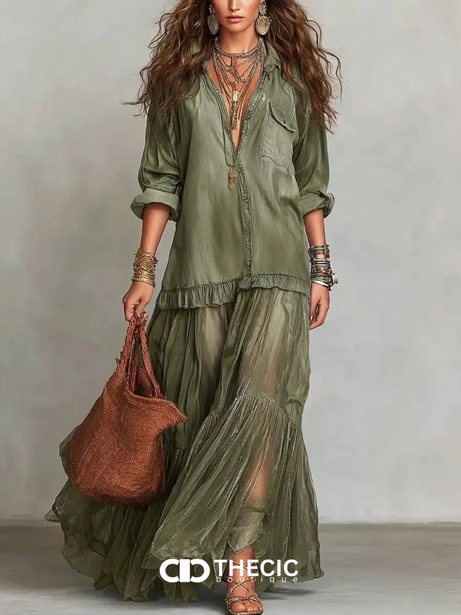 Button-Down Long Sleeve Sheer Ruffle Maxi Dress