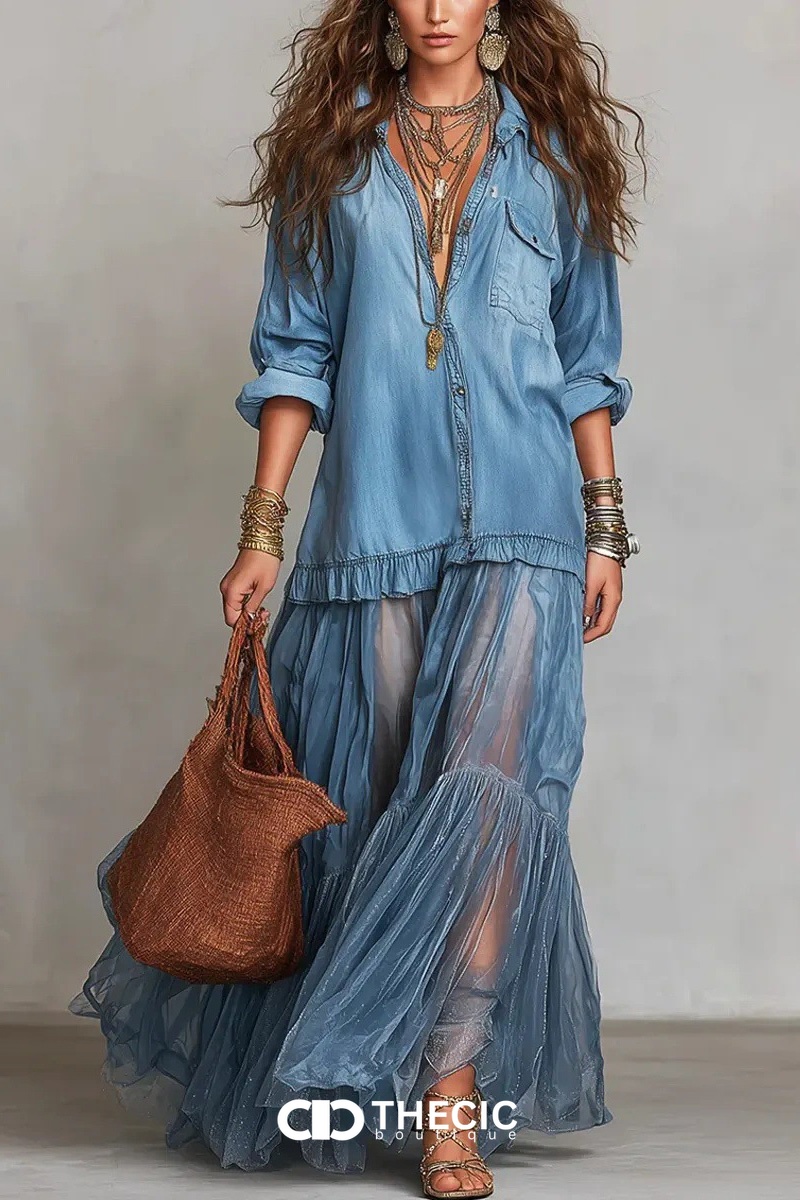 Button-Down Long Sleeve Sheer Ruffle Maxi Dress