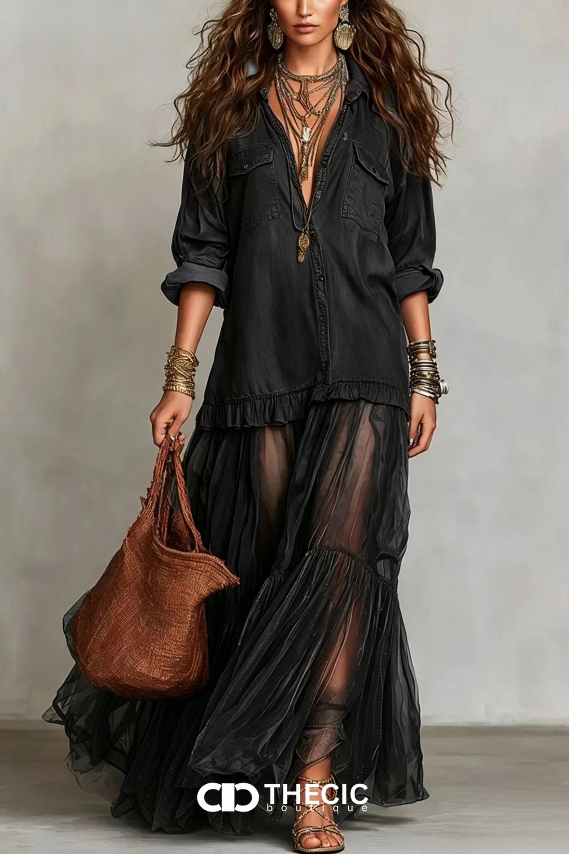 Button-Down Long Sleeve Sheer Ruffle Maxi Dress