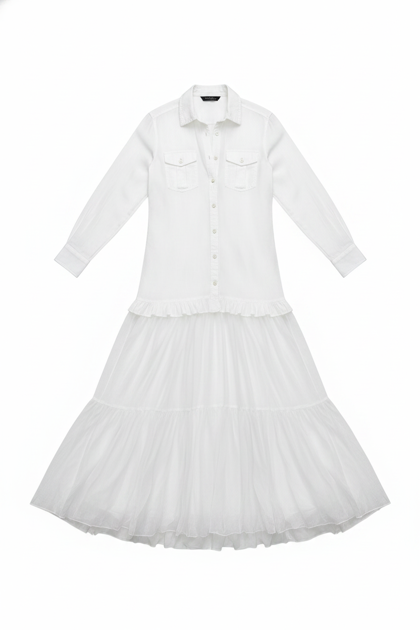 Button-Down Long Sleeve Sheer Ruffle Maxi Dress