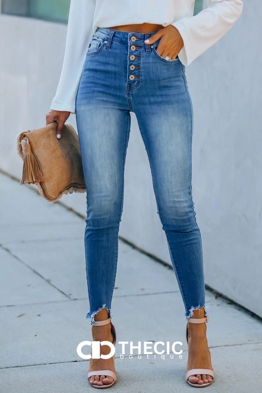 Button-Fly High-Waisted Raw Hem Skinny Jeans