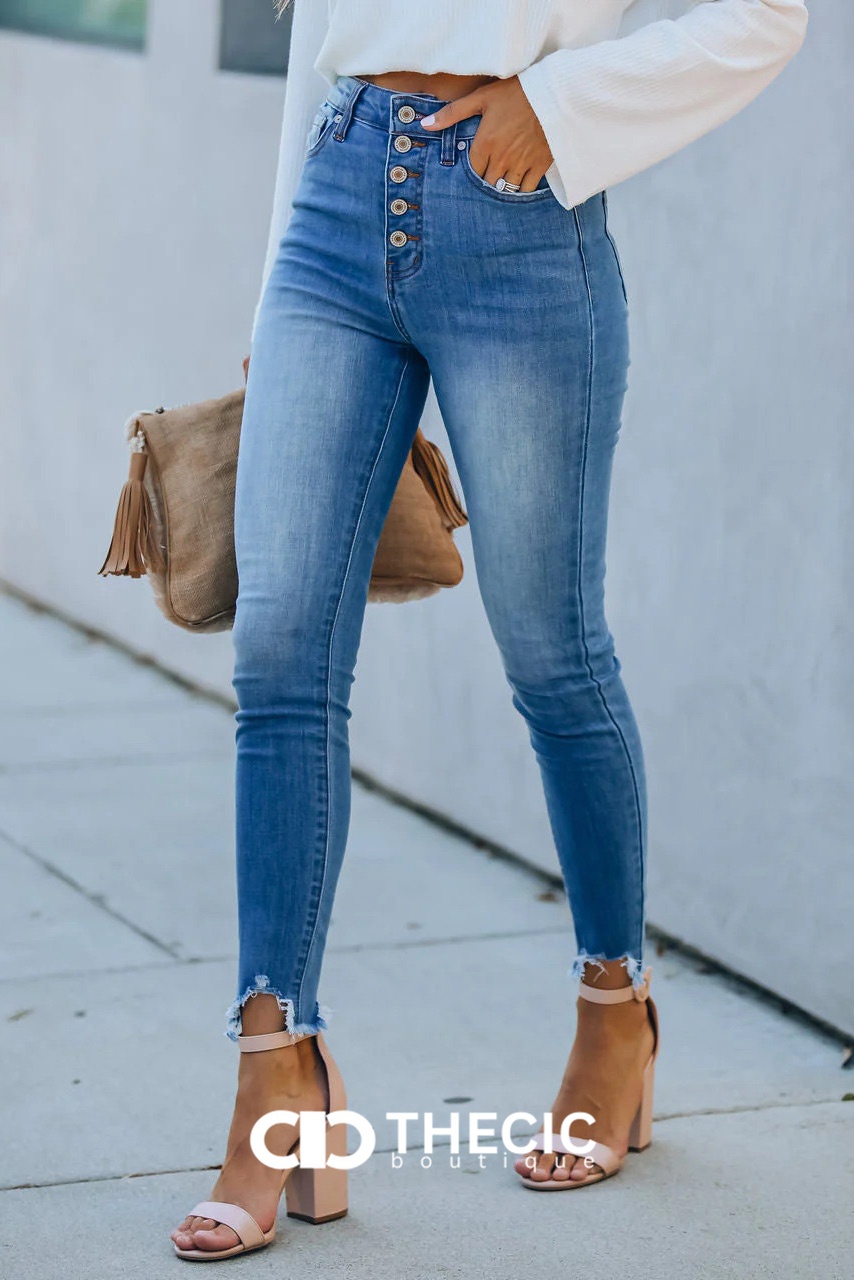 Button-Fly High-Waisted Raw Hem Skinny Jeans