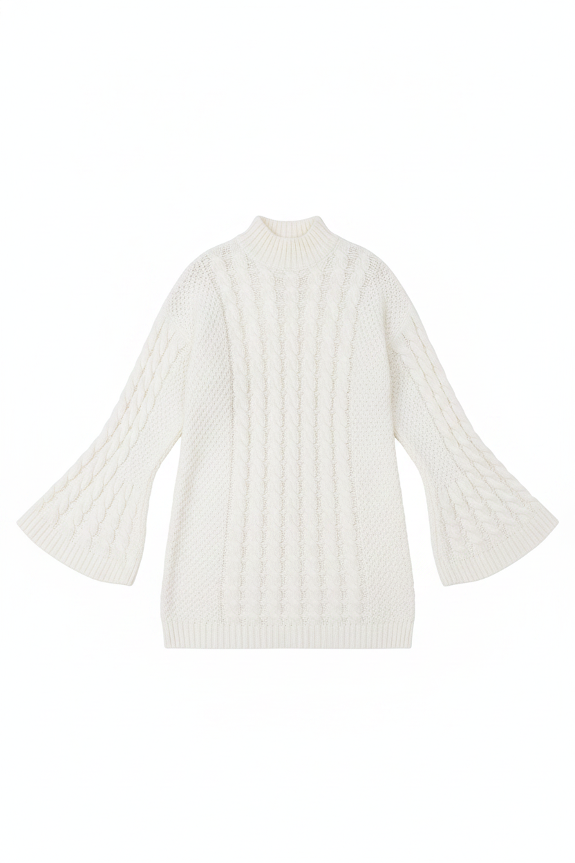 Cable Knit Mock Neck Bell Sleeve Sweater Dress