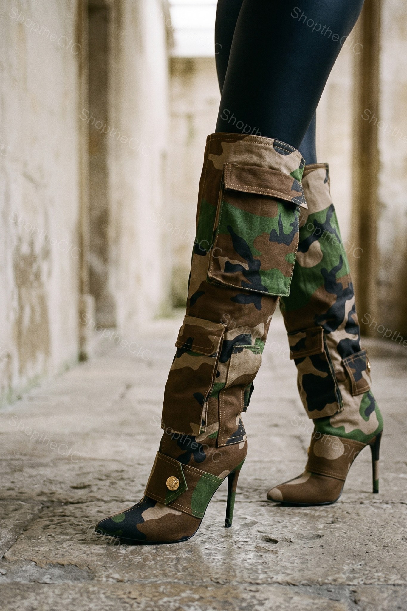 Camo Cargo Pocket Stiletto Knee-High Boots