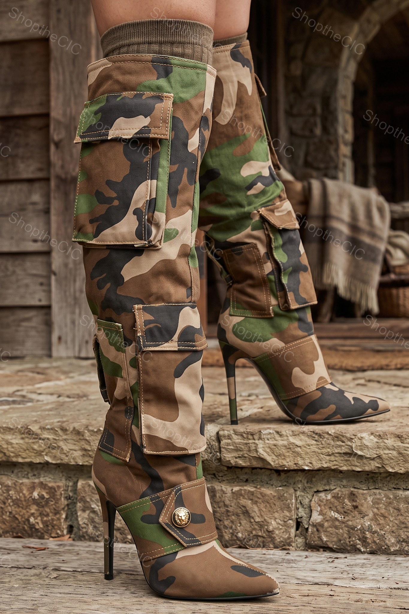 Camo Cargo Pocket Stiletto Knee-High Boots