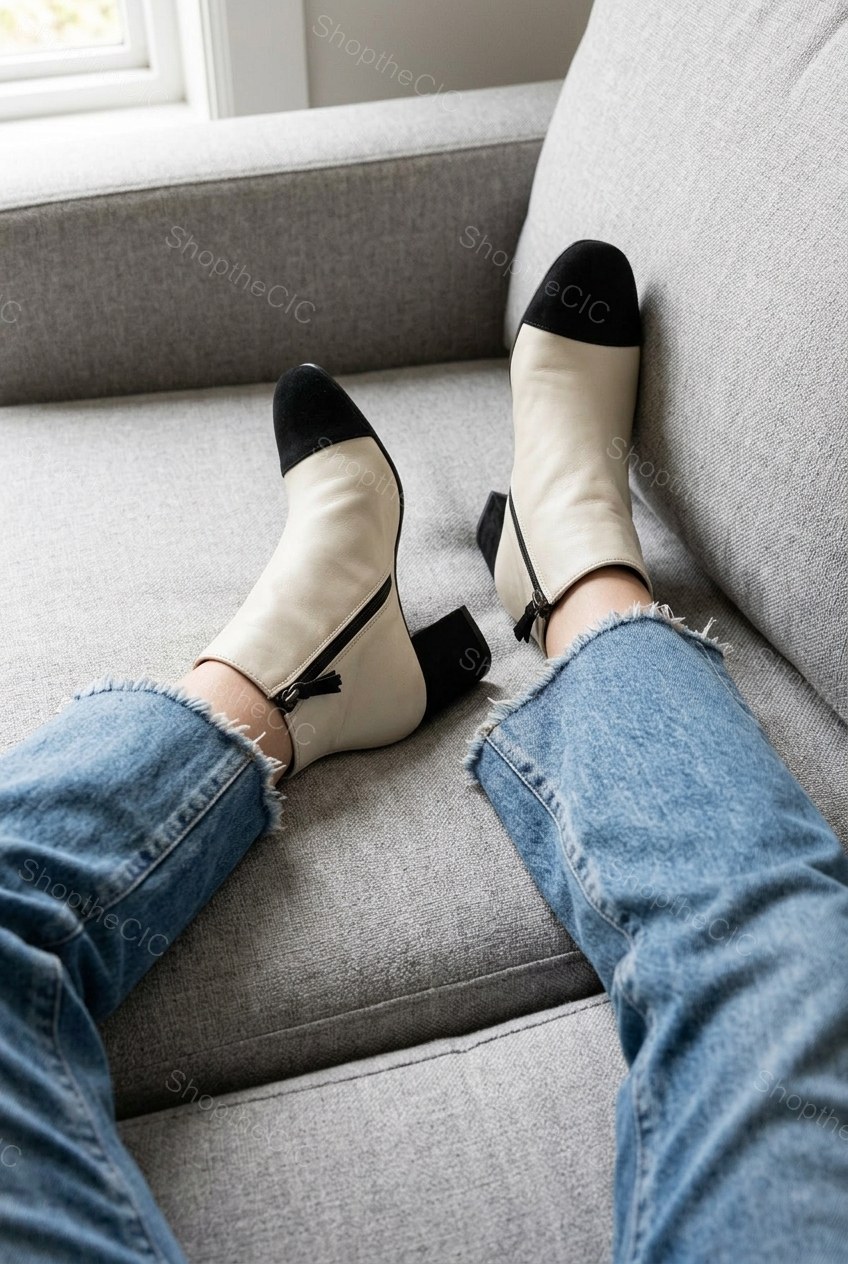Cap-Toe Block Heel Leather Ankle Boots