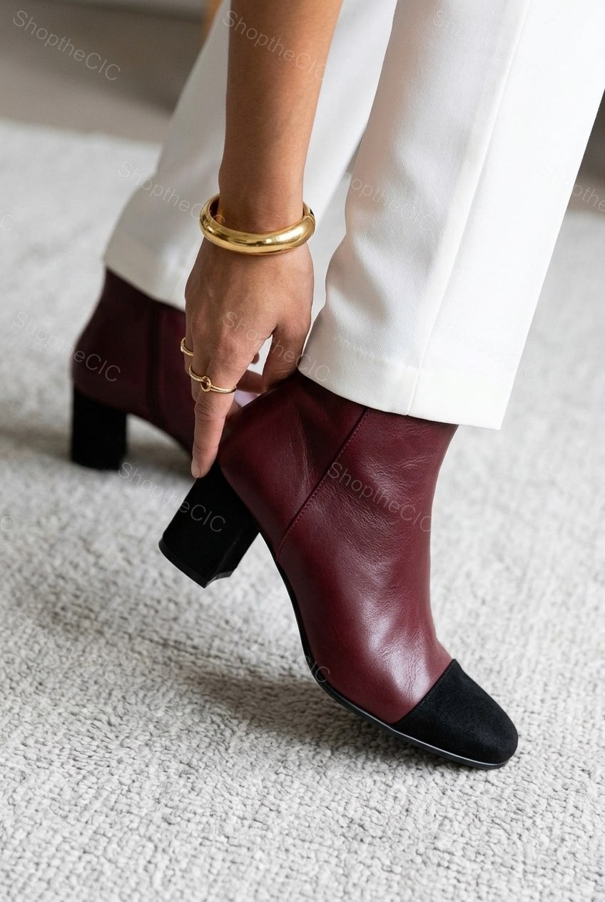 Cap-Toe Block Heel Leather Ankle Boots