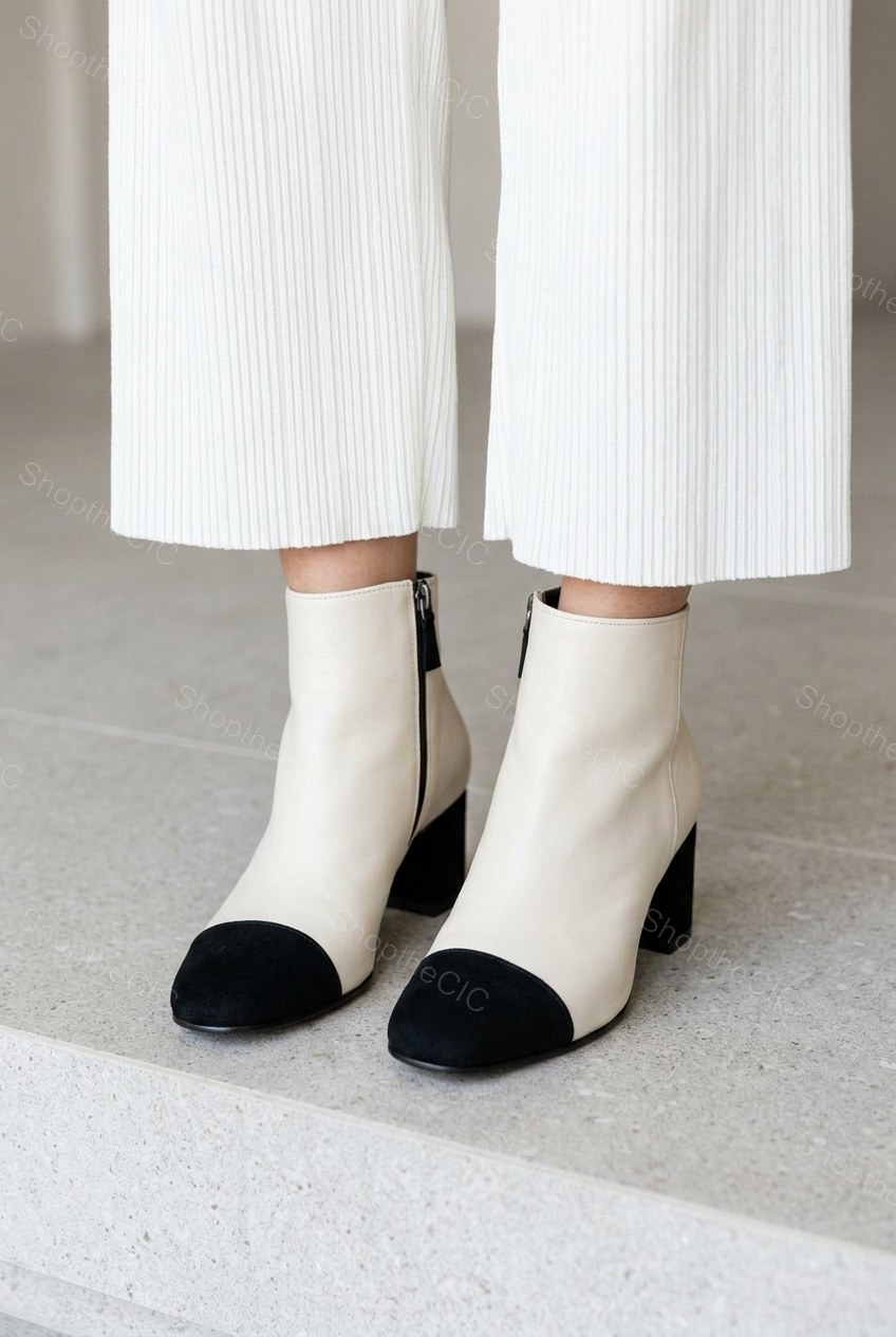 Cap-Toe Block Heel Leather Ankle Boots