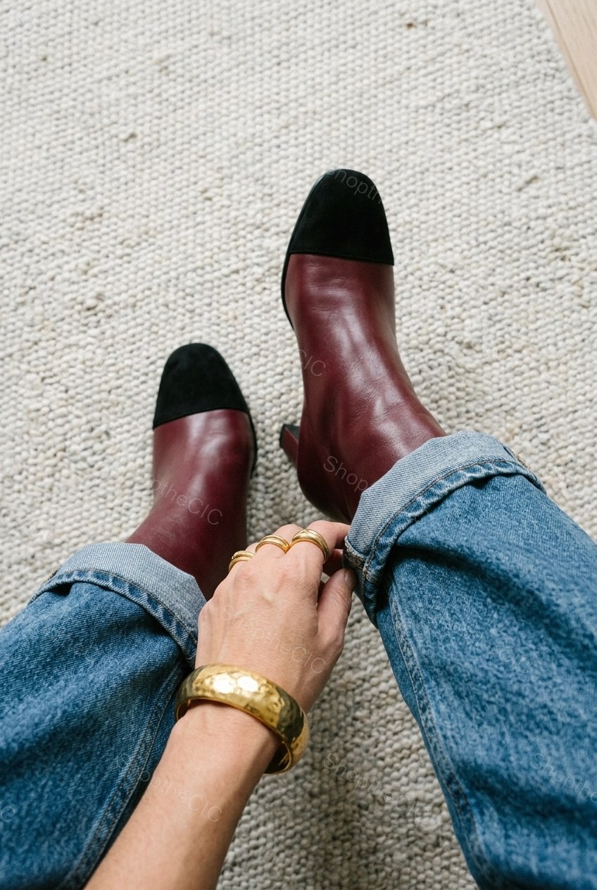 Cap-Toe Block Heel Leather Ankle Boots