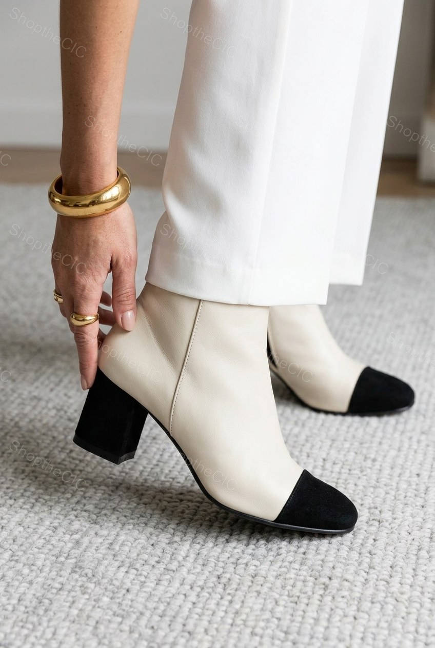 Cap-Toe Block Heel Leather Ankle Boots