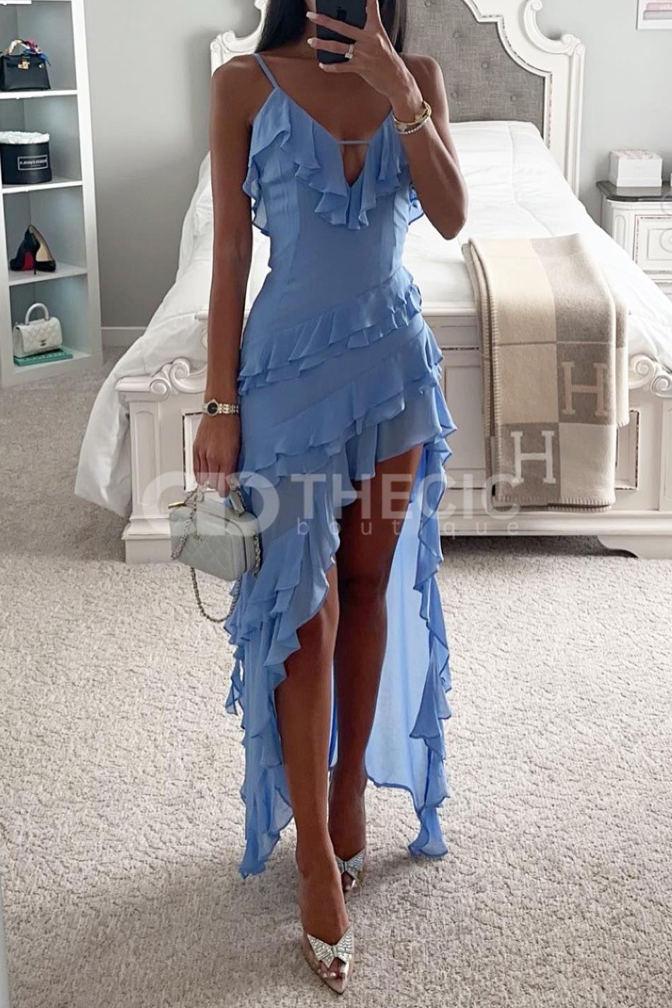 Cascading Ruffle Asymmetrical Hem Spaghetti Strap Dress