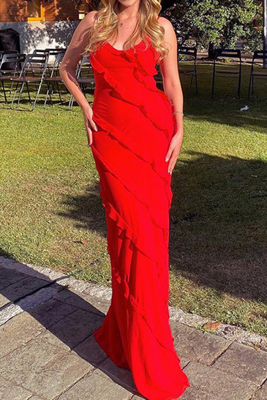 Cascading Ruffled Spaghetti Strap Maxi Dress