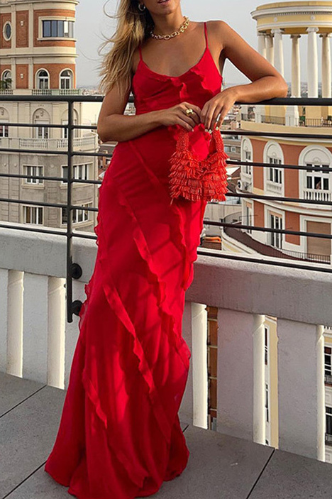 Cascading Ruffled Spaghetti Strap Maxi Dress