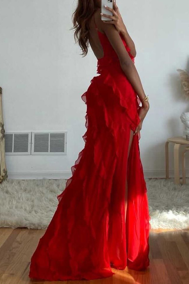 Cascading Ruffled Spaghetti Strap Maxi Dress